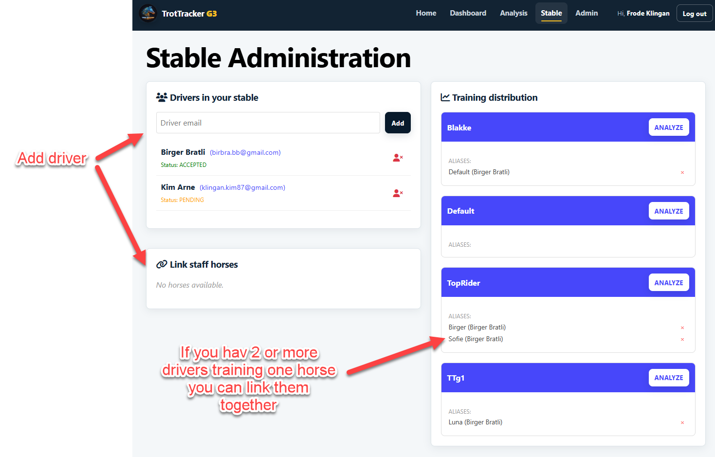 TrotTracker stable administration showing how to add drivers and link them to shared horses